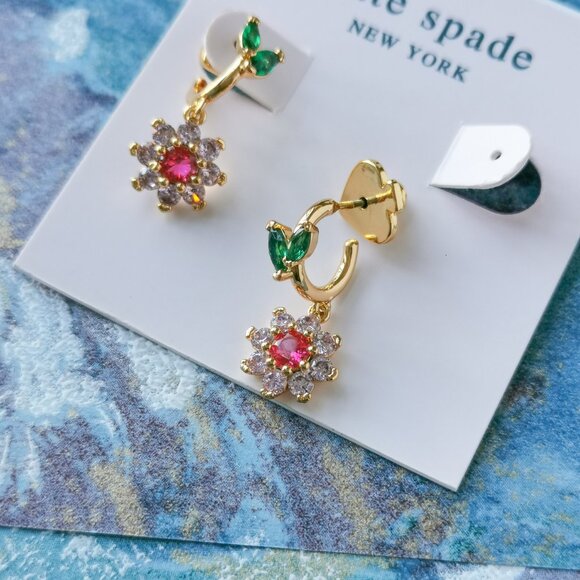 Kate Spade new bloom flower Gold Multi color Huggie Earrings New w/dust bag - Picture 3 of 3